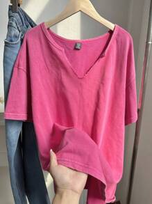 Comfortcana 大码春夏服装复古水洗玫瑰红色宽松短袖 V 领大码 T 恤，棉质面料