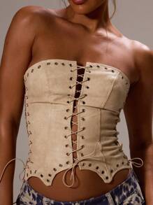 MUSERA Áo corset giả da buộc dây, kiểu quây, viền cong, thích hợp cho lễ hội, hòa nhạc, tiệc tùng, câu lạc bộ, những buổi tối gợi cảm, đi chơi đêm, mùa xuân hè, kỳ nghỉ. - Kem - Xem 3
