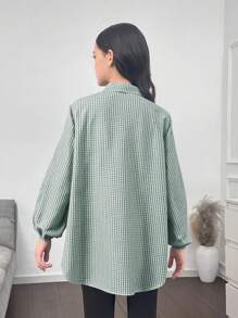 SHEIN 青少年女孩休闲马球领格纹灯笼袖宽松可爱上衣 - 薄荷綠 - 查看 2