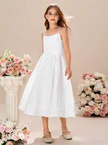 女童纯色提花优雅吊带连衣裙 - 白色 - 查看 4