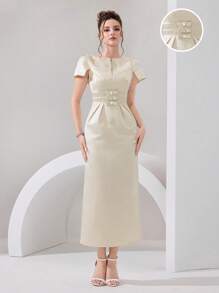 Poshira Vestido de noche de gala formal de mujer de unicolor y largo - Albaricoque - Ver 7