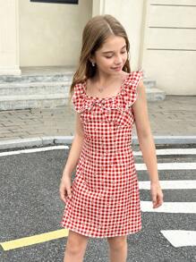 Wildeya Vestido de verano para niña, con detalles de tartán vintage, silueta ajustada y ceñida al Body, diseño de cuello elegante que muestra una estética grácil, ideal para salidas y fotos, ¡una prenda que encantará a las niñas preadolescentes!