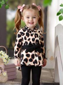 SHEIN Baby Girls Autumn Cute Heart Print Ruffle Trim Belted Long Sleeve Blouse And Solid Color Elastic Waist Long Pants 2 Pieces Set - Multicolor - View 1