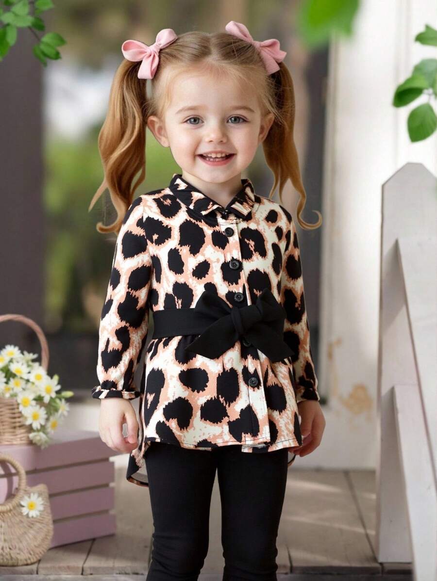 SHEIN Baby Girls Autumn Cute Heart Print Ruffle Trim Belted Long Sleeve Blouse And Solid Color Elastic Waist Long Pants 2 Pieces Set - Multicolor - View 1
