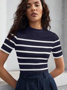 BizChic Camiseta ajustada con manga corta y cuello de rayas para mujer, elegante moda casual de negocios para uso urbano, adecuado para maestros, oficina, escuela, salidas, Top básica