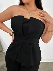 SHEIN Privé Plus Size Elegant Simple Vacation Style Peplum Tube Top For Women, Spring Summer - Black - View 5