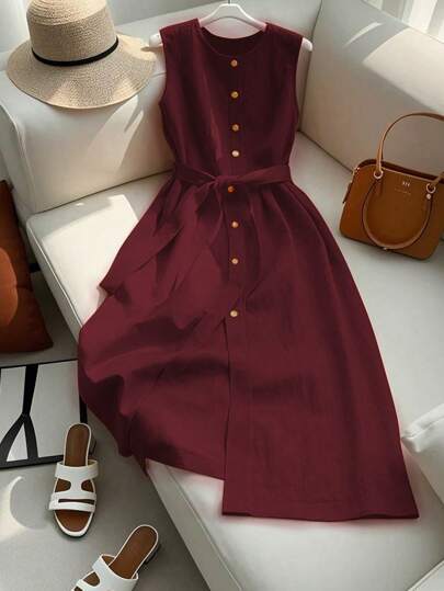 Franclia 女式法式高端无袖单排扣圆领休闲连衣裙