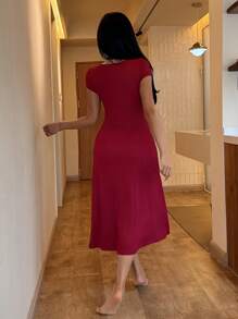 SHEIN Elegant Women Knit Textured Bowknot Lace Patchwork Long Nightgown - Burgundy - View 2