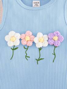 Cozy Pixies Baby Girl 3D Floral Round Neck Sleeveless Pullover Top And Elastic Waist Shorts 2pcs Set