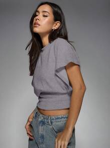 MISSGUIDED Cropped Knit Shoulder Top Drop Sleeve Autumn Winter Cozy Casual Fitted Waist Ribbed Short Sleeve Sweater - Lilac Purple - View 5