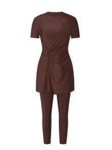 Swim Mulvari New Summer Women Round Neck Short Sleeve Side Twist Knot Dress + Shorts Solid Color Vacation Burkini Set - Coffee Brown - View 3