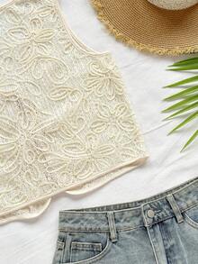 Soleia Women's White Summer Boho Beach Vacation Holiday Knitted Jacquard Embroidered V-Neck Sleeveless Cardigan Top,Crochet Knit Top With Contrast Tie Waist - Beige - View 3