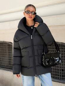 EURMUSE Petite Zip Up Hooded Padded Coat With Two Pockets ,Petite Women - Black - View 1