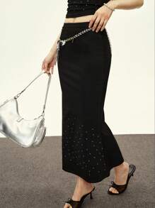INAWLY 2pcs/Set Women's Fashion Rhinestone Decor Camisole And Bodycon Skirt Set - Black - View 4