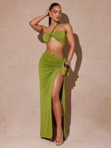 Silquee 夏季女士夏季海边度假青柠绿性感两件套扭纹绳抹胸女士海滩度假休闲短款上衣和高开衩裙套装，适合夏季海滩度假性感女士度假风格，适合夏季性感，适合约会之夜，适合度假、海滩、音乐节，适合春夏季，适合日常约会、夜间外出、派对、聚会 - 綠色 - 查看 6