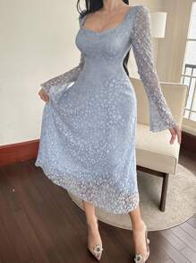 DAZY 女士蕾丝方领喇叭袖长裙，正式女士连衣裙，秋季连衣裙长袖连衣裙奢华舞会礼服 - 藍色 - 查看 4