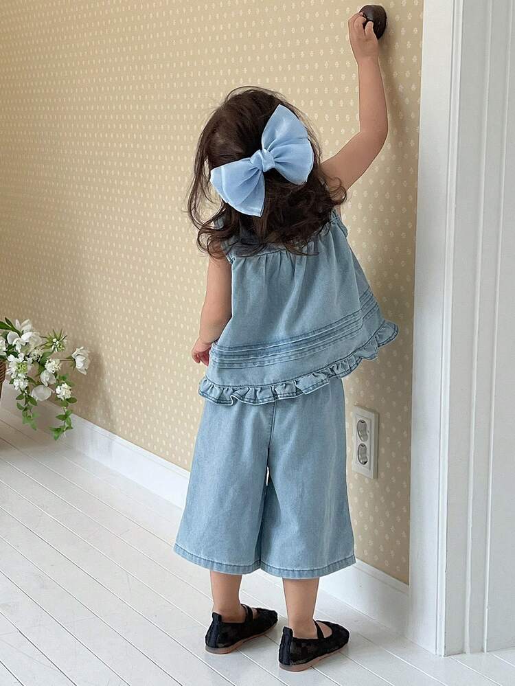 2 Pcs/Set Toddler Girls' Casual Ruffle Sleeveless Shirt And Loose Wide Leg Denim Pants