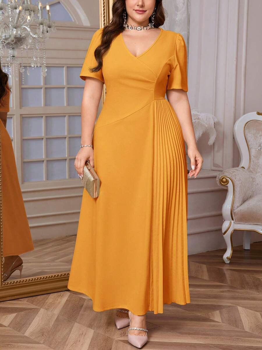 Firerie 大码舒适休闲优雅褶饰宽松弹力面试/派对迷你短袖连衣裙，春夏季 - 黃色 - 查看 1