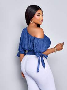 SOLERSUN 大码春夏新款不对称袖泡泡袖蝴蝶结肩褶松紧腰仿牛仔面料上衣优雅商务休闲性感休闲日常时尚女装