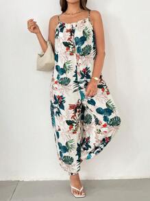 SHEIN Essnce Plus Size Women's Spring And Summer Fashion Casual Loose Comfortable Cool Light Daily Printed Apricot Suspender Jumpsuit,Beach Outfits For Woman,Boho Women Clothing,Cruise Outfits Women,Hawaii Outfits Women,European Summer,Curve Cute Clothes - Beige - View 3