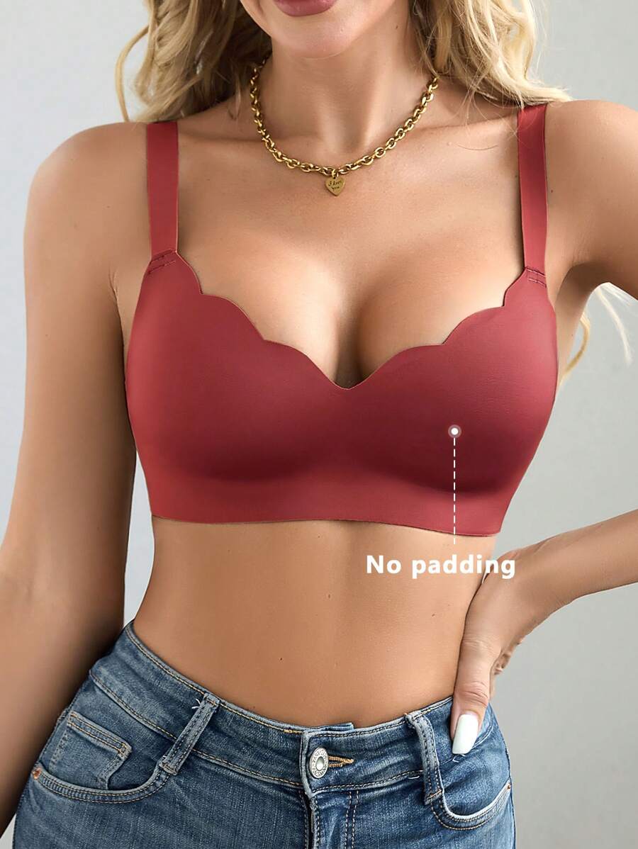 NudeFit 1pc Seamless Minimalist Wavy Edge Solid Color No Underwire Push Up Full Coverage Women Bra - Rose Red - View 1