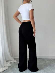 Elenzga 女式梭织无弹力喇叭裤，侧开衩撞色设计，优雅时尚工作休闲装，夏季 - 黑與白 - 查看 3