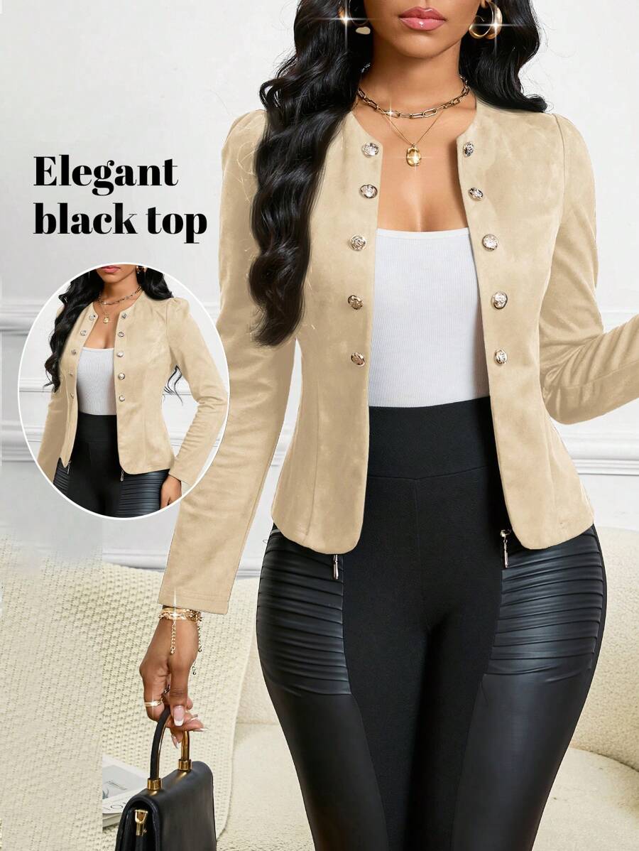 SHEIN Lady Four Season/ Church Attire/ Suede Apricot Button Detail Open Front Jacket In Fall/Winter - Khaki - View 1