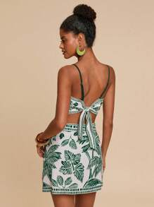 Travachic Conjunto de 2 piezas de top corto con estampado de plantas tropicales y minifalda para mujer, conjunto de vacaciones, vacaciones, atuendo de playa, atuendo de verano para mujeres - Verde - Ver 2