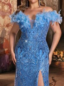 Glamrae Vestito da sera taglio sirena di lusso elegante e romantico, con scollo a V profondo, ricamato con perline e piume, spacco alto e bordo a forma di coda di sirena, in taglia oversize