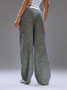 MUSERA 格纹撞色抽绳腰阔腿宽松长裤，夏季街头风 Y2K 酷女孩都市缪斯度假工作办公秋季、冬季、返校季、圣诞节 - 藍色 - 查看 4