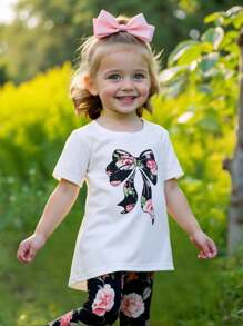 SHEIN Leap Crew Cute Knitted Butterfly Pattern Short Sleeve T-Shirt And Floral Printed Pants Set For Baby Girls - White - View 1