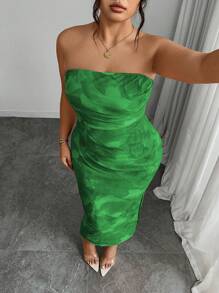 SHEIN Unity Tie-Dye Slit Thigh Bandeau Bodycon Dress - Green - View 5