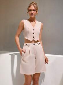 CLARA VERO Bermudas plisadas informales color beige natural para mujer