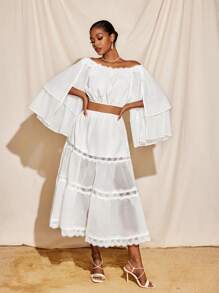 Sara Mezzanotti Lace Transparent Chiffon Layered Ruffled Bohemian Midi Skirt Women Summer Elegant Skirt - White - View 1