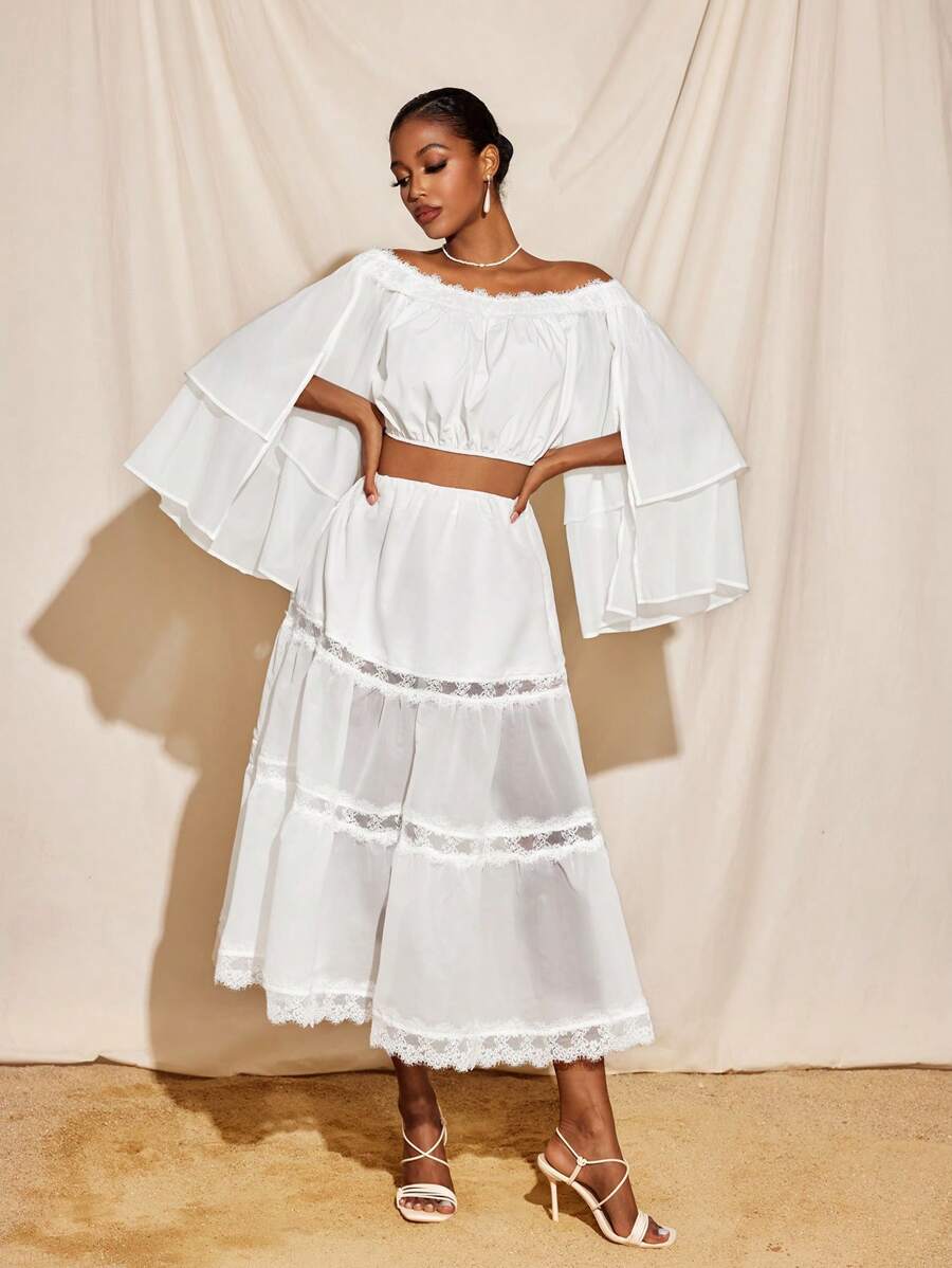 Sara Mezzanotti Lace Transparent Chiffon Layered Ruffled Bohemian Midi Skirt Women Summer Elegant Skirt - White - View 1