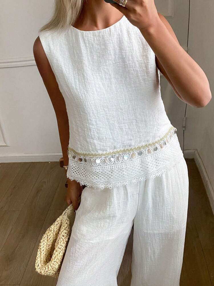 2pcs Women Lace Patchwork Round Neck Sleeveless Tank Top And Wide Leg Pants Set