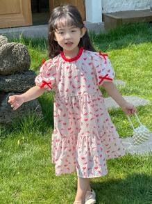 DAZY Young Girls' Round Neck Full Print Bowknot Sweet Mid-Length Dress,Girls Summer Outfits