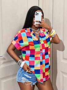 BamGleam 拼色格子落肩短款衬衫