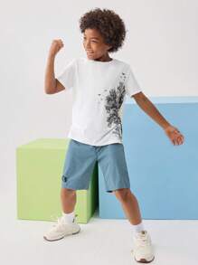 SHEIN Tween Boy Tree & Bird Print Tee & Drawstring Waist Shorts
