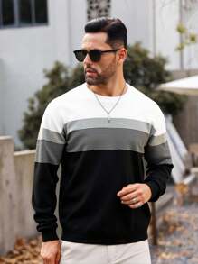 Manfinity Homme Men's Plus Size Crew Neck Striped Contrast Color Stripe Casual Loose Comfortable Knitted Graphic Color Block Pullover Long Sleeve Sweater, For Going Out