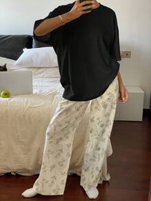 DAZY Solid Color Loose T-Shirt Tops & Floral Line Drawing All Over Print Pajama Pants 2Pcs Sleepwear Set Lounge Set Women - Black - View 3