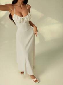 SHEIN PETITE Women Summer Elegant Solid Color Spaghetti Strap Dress - Apricot - View 3