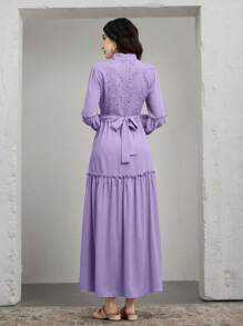 Graceveil Women's Solid Color Lace Splicing Stand Collar Long Sleeve Elegant Dress