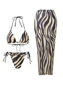 Swim SXY Women Sexy Zebra Print Holiday Suit 3 PiecesSwimwear Set: Beach Dress + Bikini