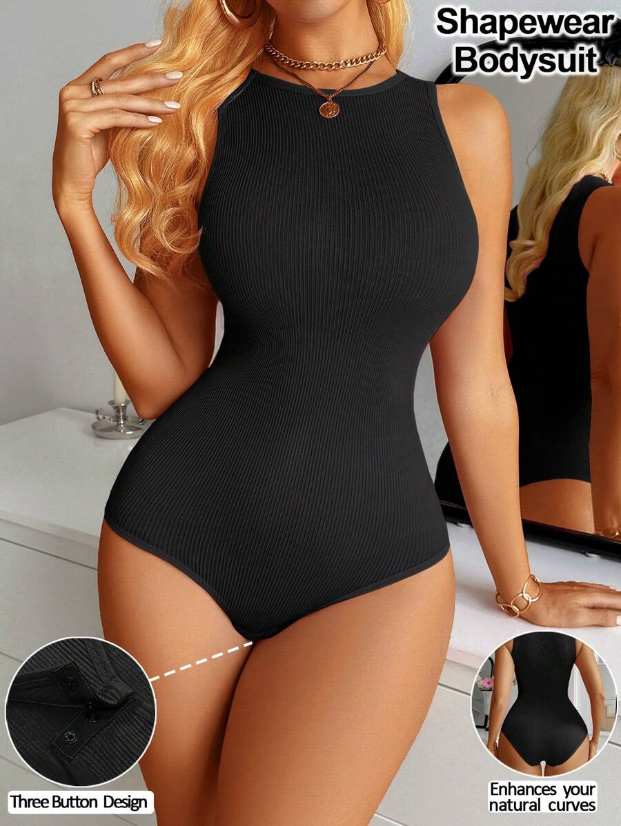 Women Casual Solid Color Crew Neck Sleeveless Body Suit , Briefs With Buckle Design ,Ribbed Tummy Control Seamless Tank Top Bodysuit - Black - View 1