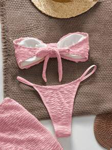 Swim Vcay 3件套女士夏季沙滩纹理露肩海星比基尼性感泳衣套装 - 粉色 - 查看 2