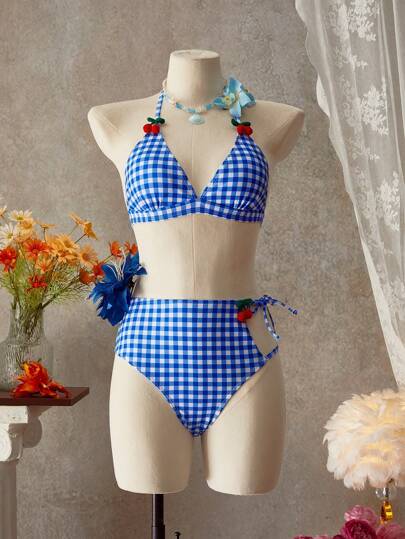 SHEIN Swim Women's Plaid Cherry Print 3D Decor Halter Split Bikini Set For Summer Beach Vacation