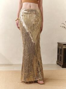 Arave 女士亮片流苏银色美人鱼裙，个性化派对，春夏优雅晚礼服，伴娘裙，宴会，节日服装女士，婚礼宾客裙女士 - 金色 - 查看 6