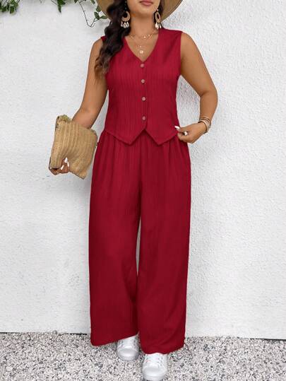 SHEIN Frenchy Women Plus Size Vest & Pants Set, Fashion Casual Spring/Summer New Textured 2 Pieces Set In Apricot,Old Money Style Women,Business Casual Woman