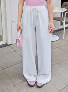 RueChic 女式抽绳口袋时尚直筒休闲街头梭织长裤 - 白色 - 查看 1